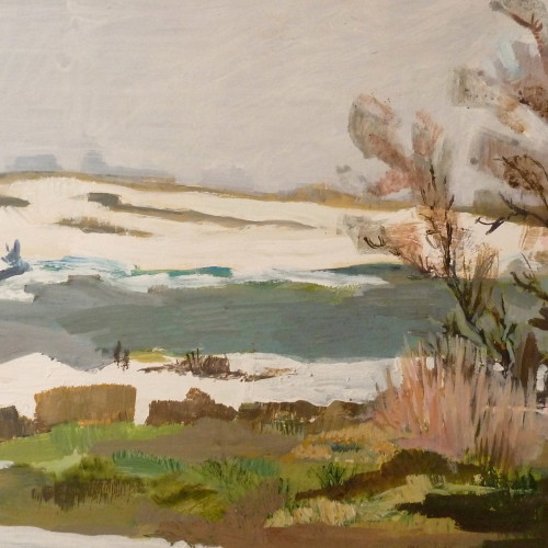 painting of blue house farm in the winter